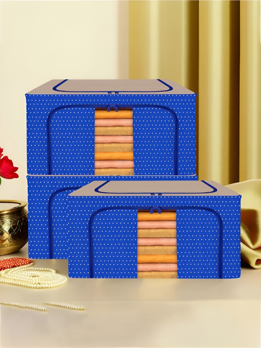 

Kuber Industries Blue 3 Pieces Polka Dot Printed Steel Frame Drawer Organiser