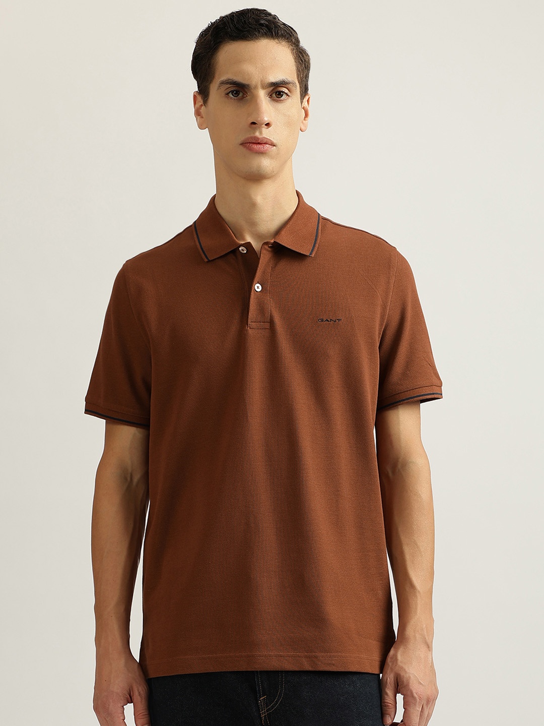 

GANT Men Polo Collar Solid Pure Cotton T-shirt, Brown