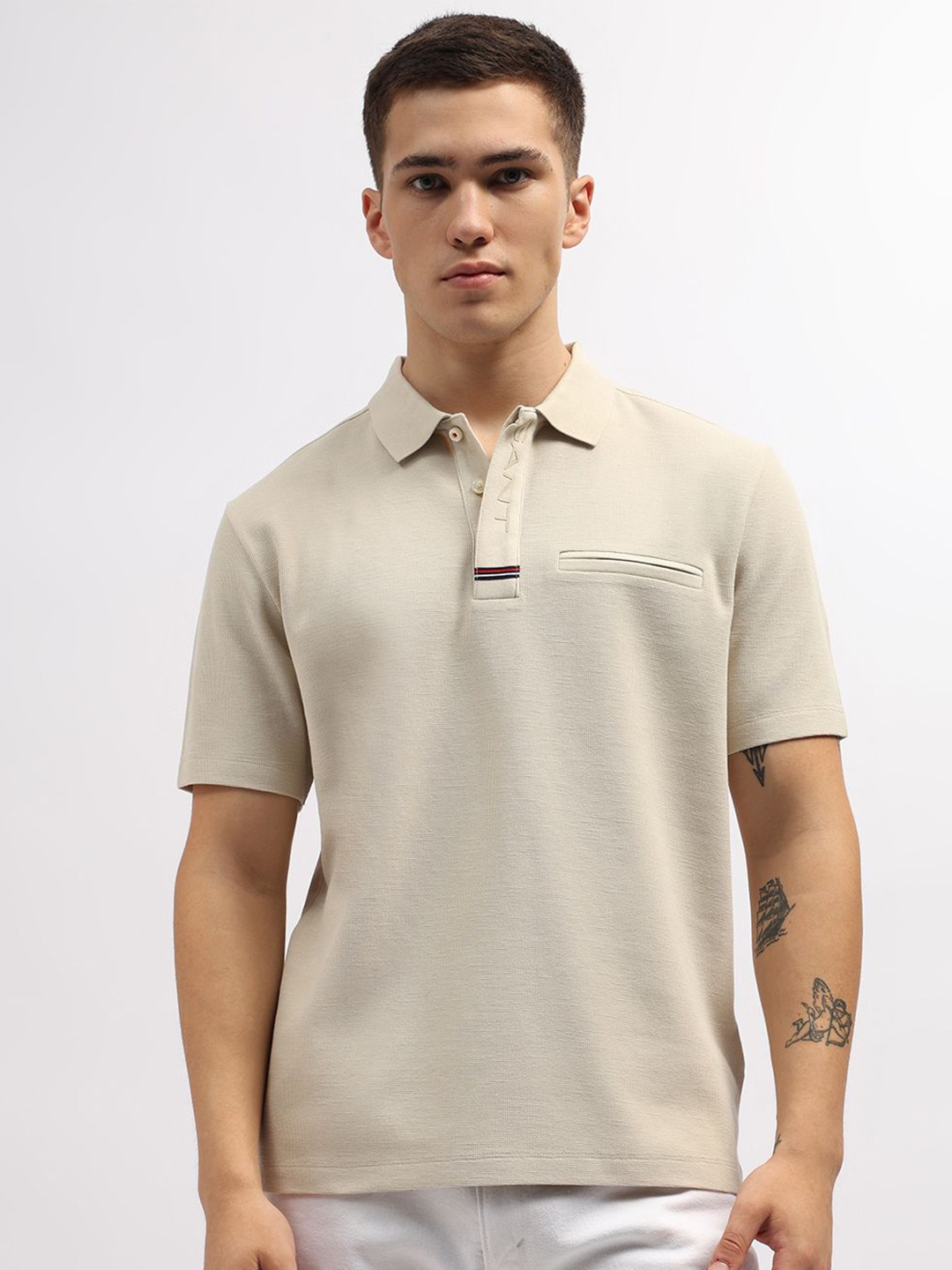 

GANT Men Solid Polo Collar Cut Outs Pure Cotton T-shirt, Beige