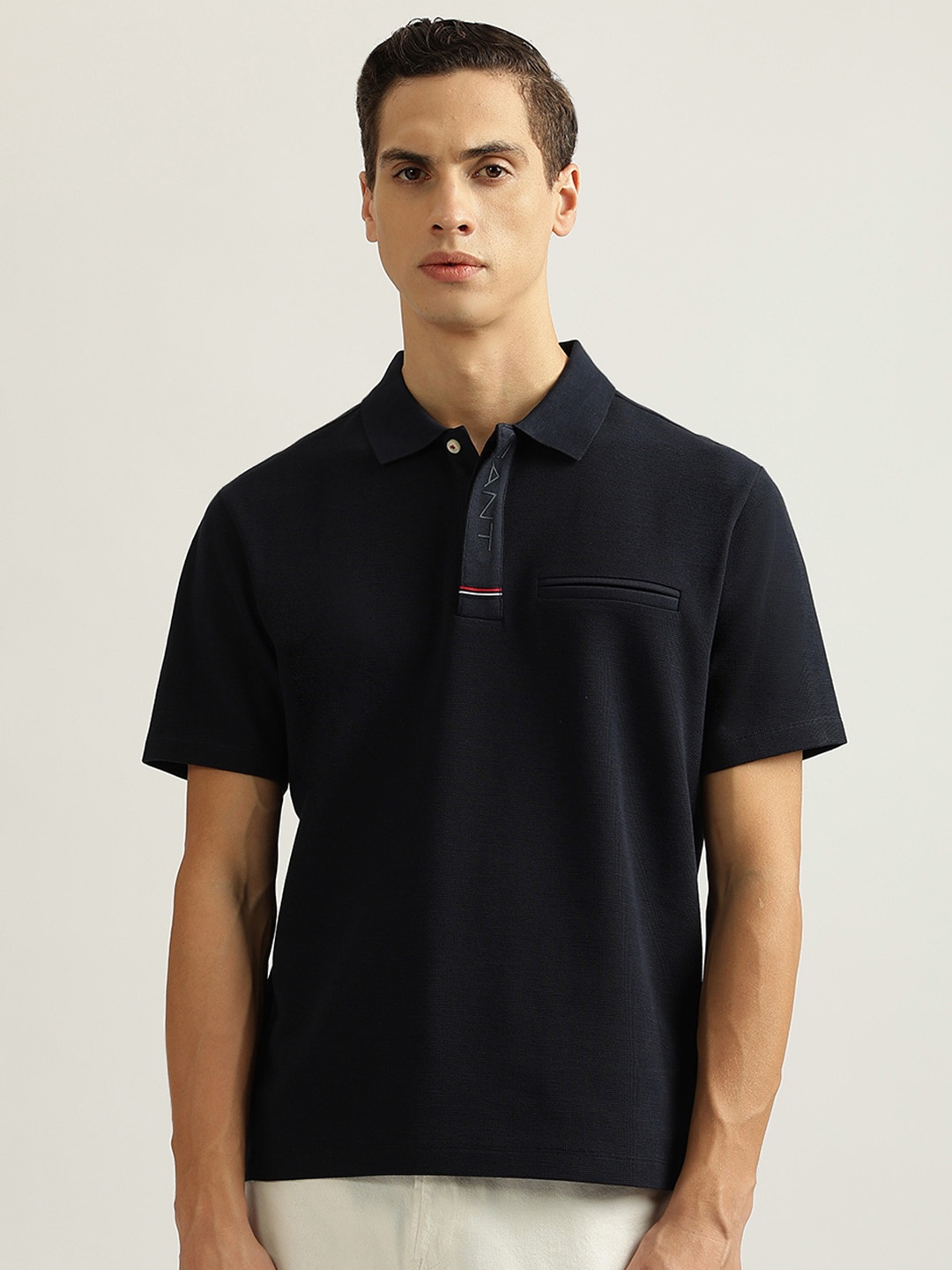 

GANT Men Polo Collar Solid Pure Cotton T-shirt, Navy blue
