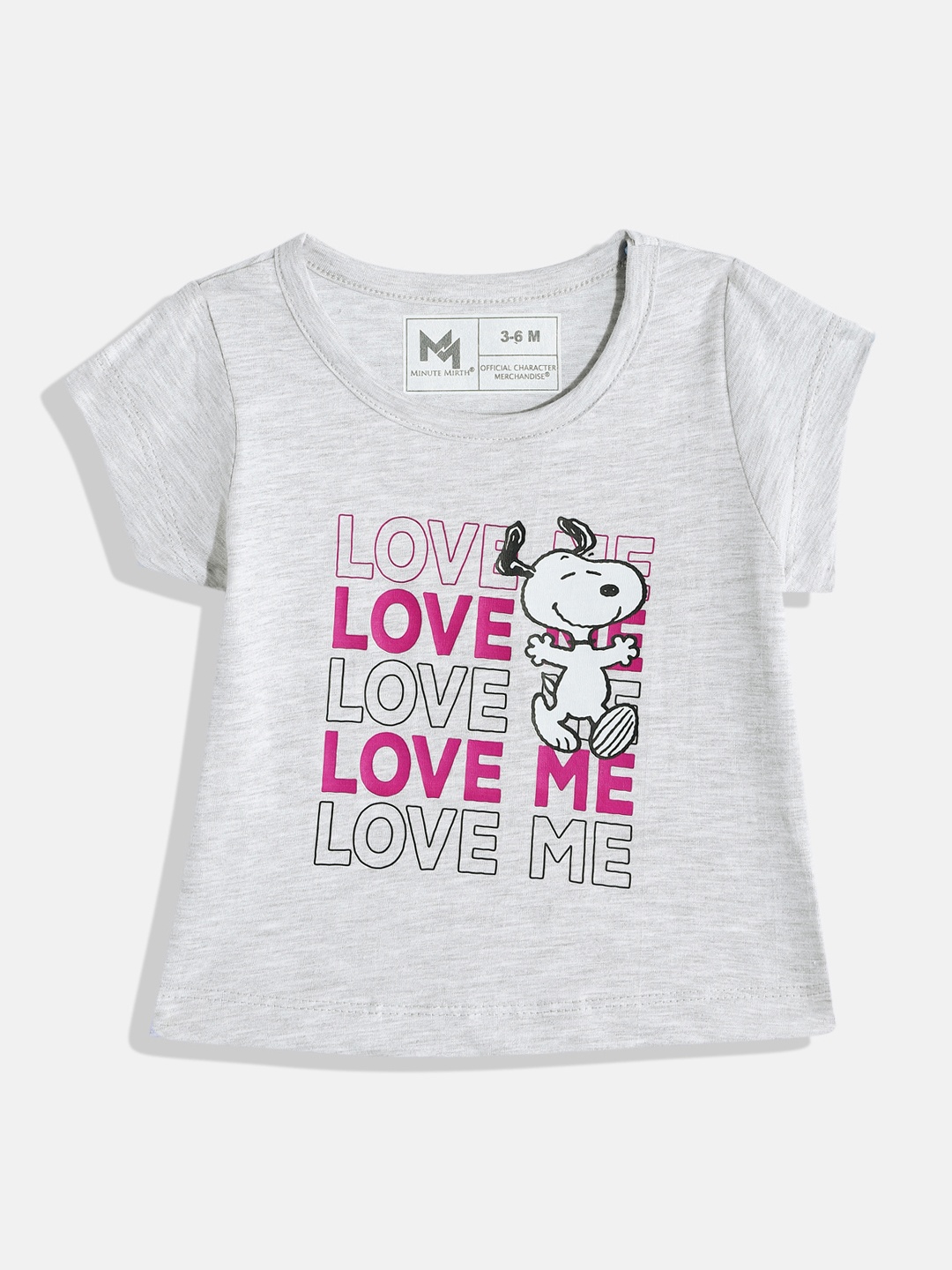 

YK X Minute Mirth Girls Peanuts Printed Pure Cotton T-shirt, Grey melange