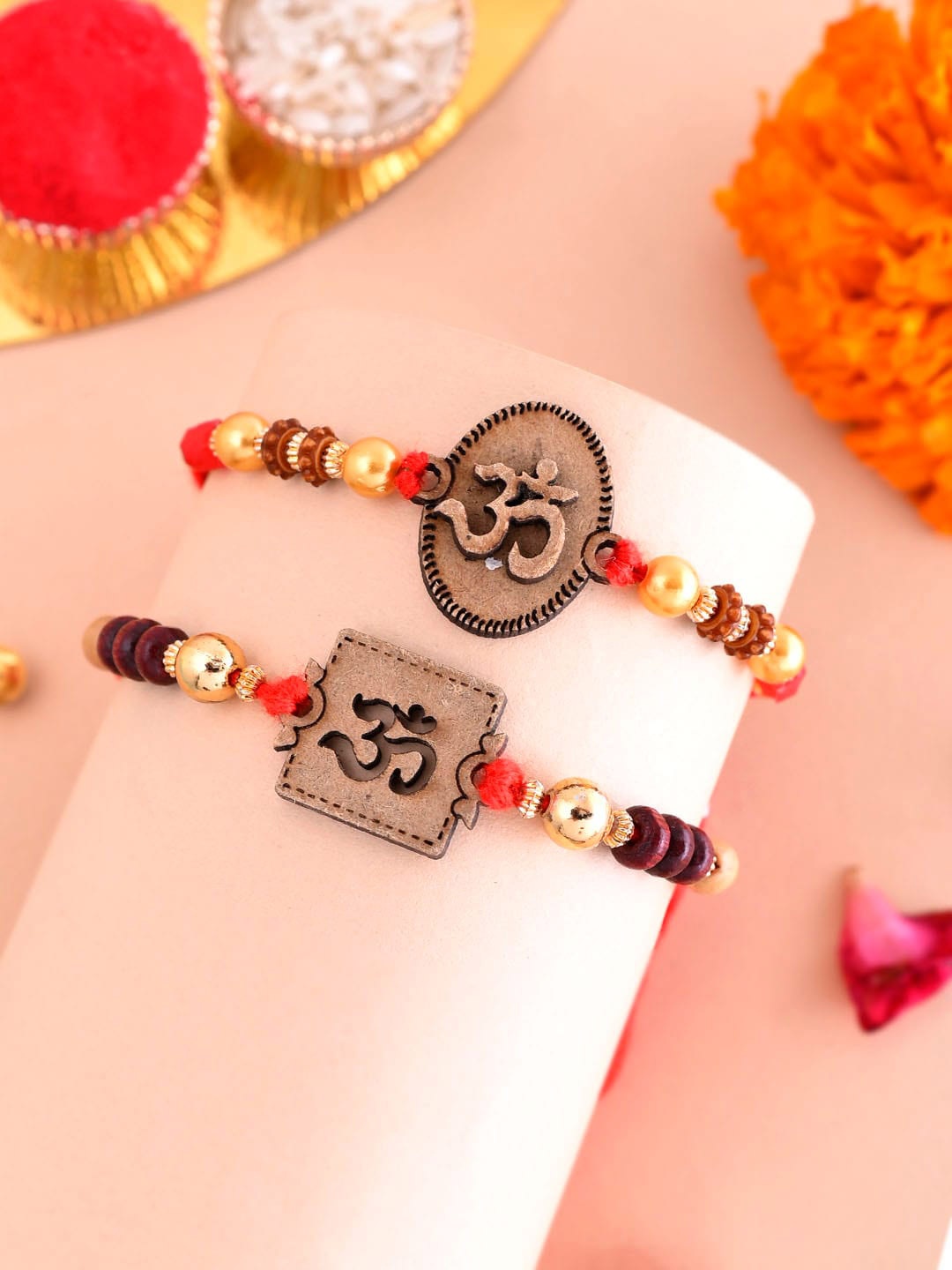 

Aapno Rajasthan Set Of 2 Stone Studded & Beaded Rakhis With Roli Chawal & Greetings Card, Brown