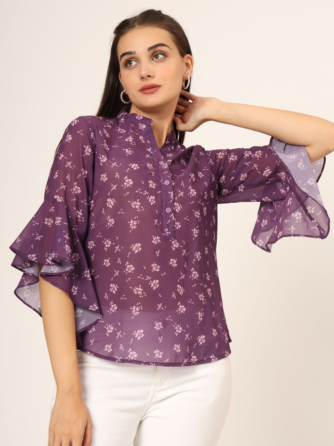 CHARMGAL Floral Print Mandarin Collar Bell Sleeve Top, Purple