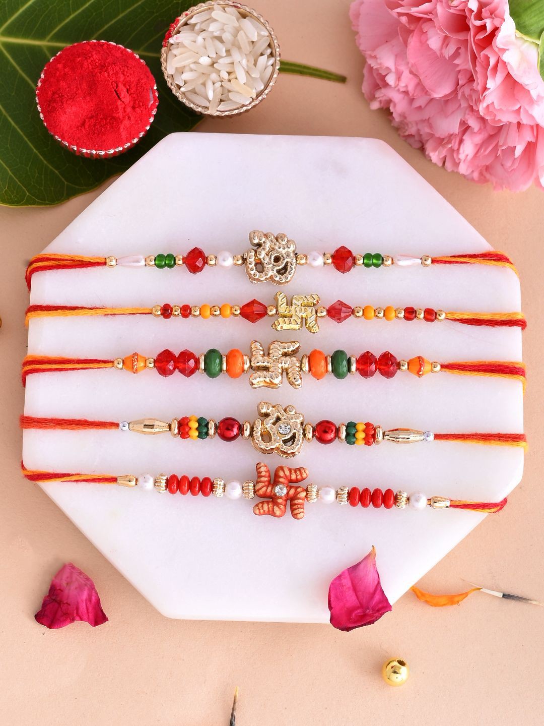 

Aapno Rajasthan Set Of 5 Beaded Thread Rakhi With Roli Chawal & Greeting Card, Gold