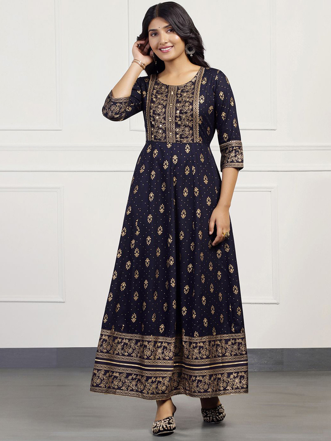 

FASHION DREAM Ethnic Motifs Printed Thread Work Cotton Anarkali Kurta, Blue