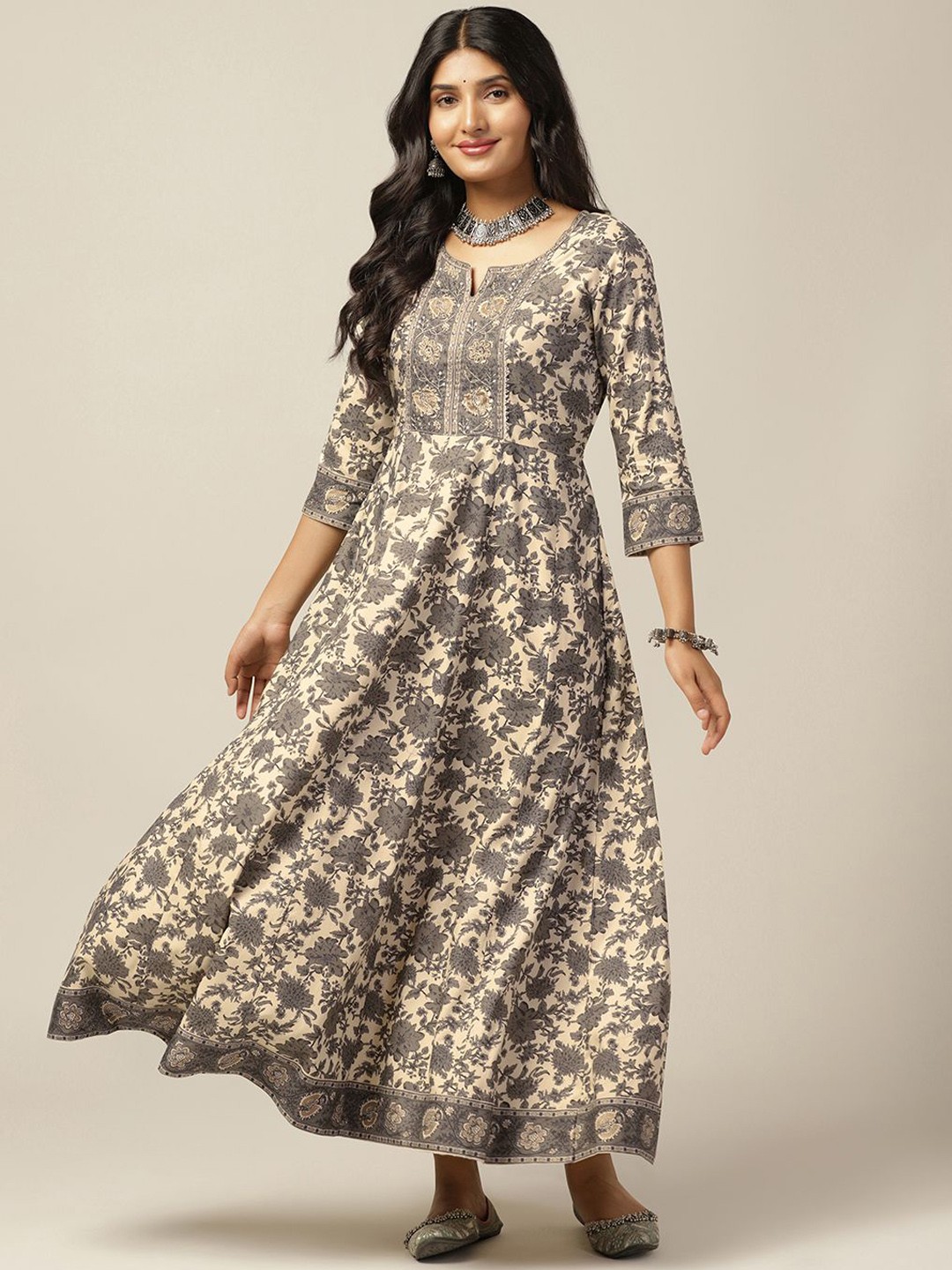 

FASHION DREAM Floral Printed Round Neck Pure Cotton Anarkali Kurta, Beige