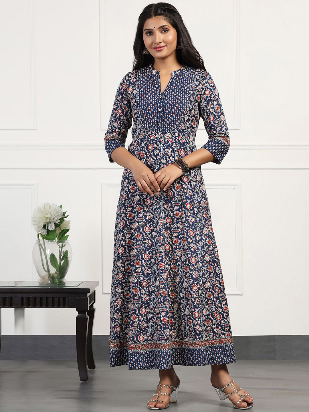 

FASHION DREAM Floral Printed Mandarin Collar Pure Cotton Anarkali Kurta, Blue