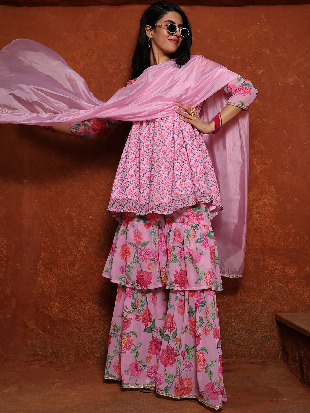 

QISSA Floral Printed Round Neck Gotta Patti Kurti With Sharara & Dupatta, Pink