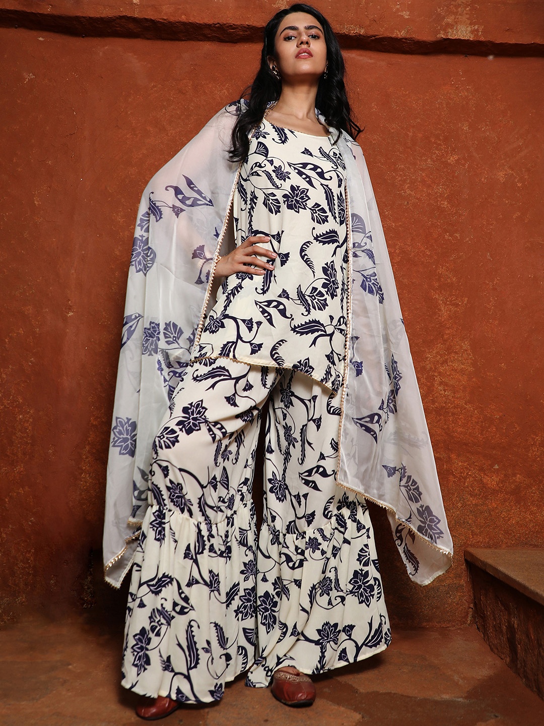 

QISSA Floral Printed Gotta Patti Straight Kurti With Sharara & Dupatta, White