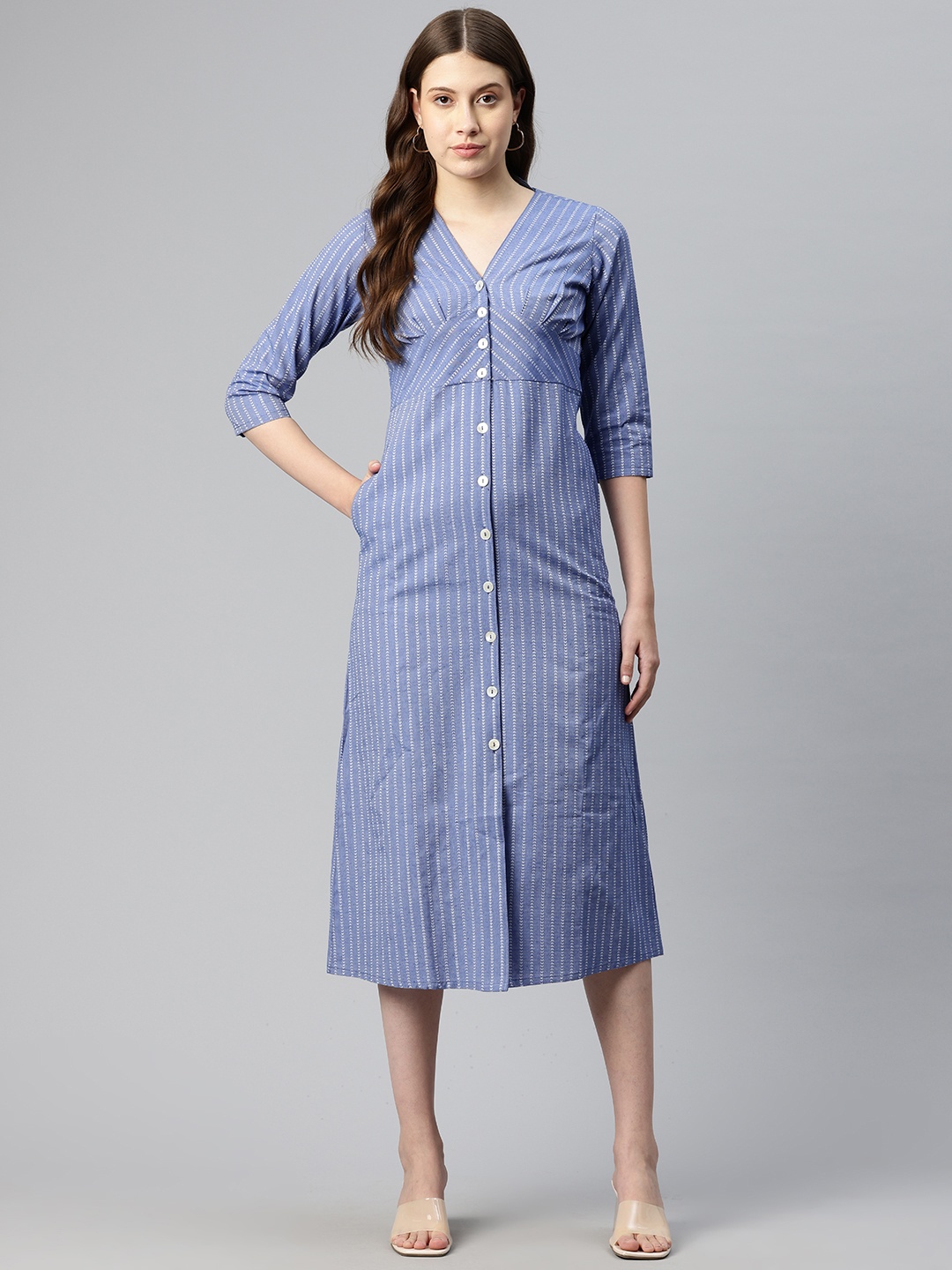 

Cottinfab Embroidered A-Line Midi Dress with Tie-Up Detail, Blue