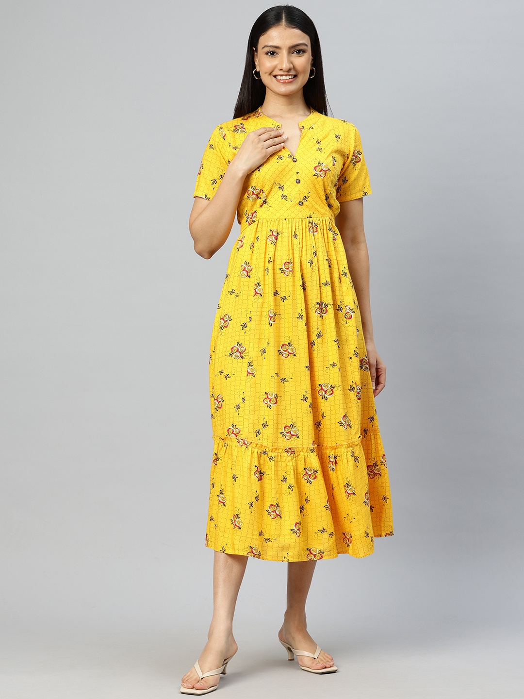 

Cottinfab Floral Print Tiered Fit & Flare Midi Dress, Mustard