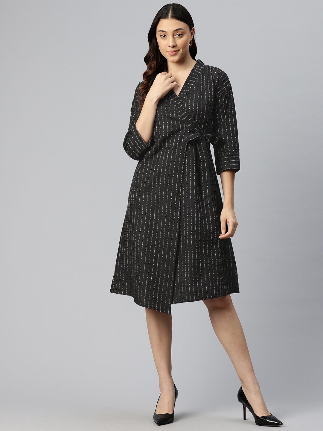 

Cottinfab Embroidered Wrap Dress With Tie-Up Detail, Black