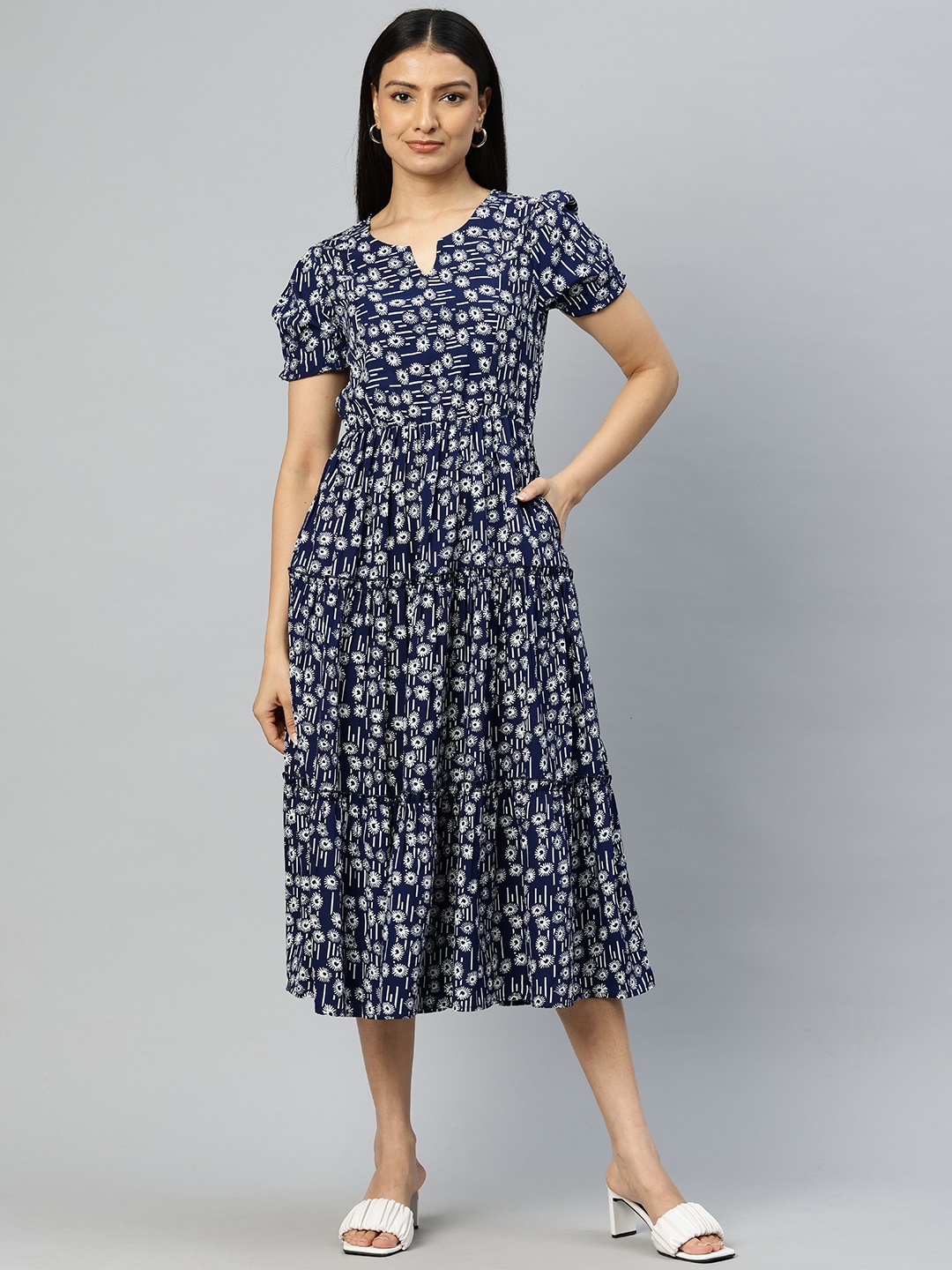 

Cottinfab Print Puff Sleeves Crepe Fit & Flare Midi Dress, Navy blue