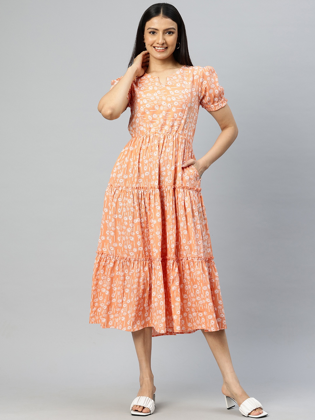 

Cottinfab Print Puff Sleeves Crepe Fit & Flare Midi Dress, Peach