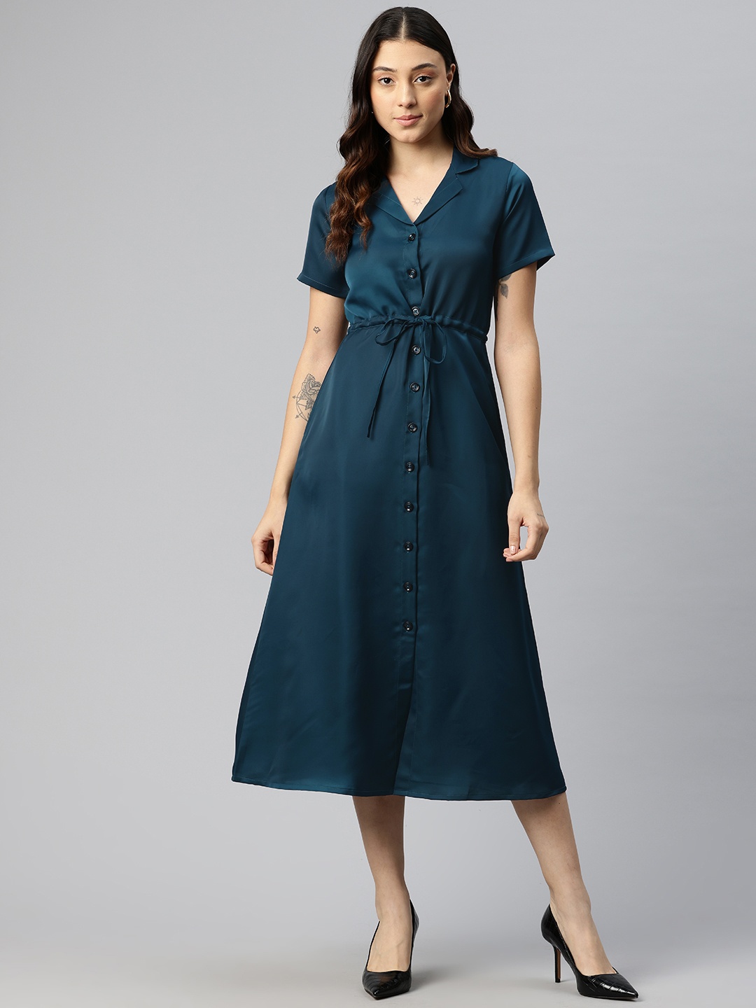 

Cottinfab Satin Shirt Midi Dress with Tie-Up Detail, Blue