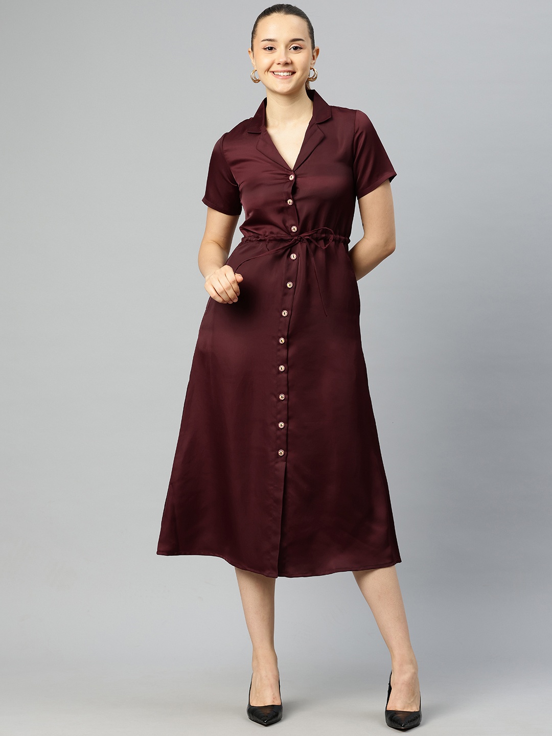 

Cottinfab Satin Shirt Midi Dress With Tie-Up Detail, Brown