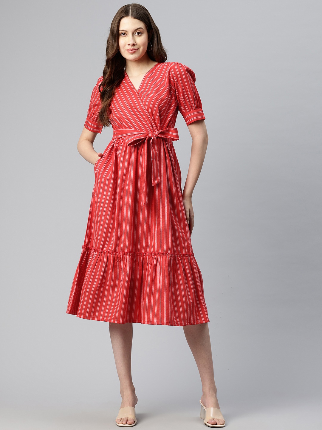 

Cottinfab Women Striped Wrap Style Cotton Fit & Flare Dress, Red