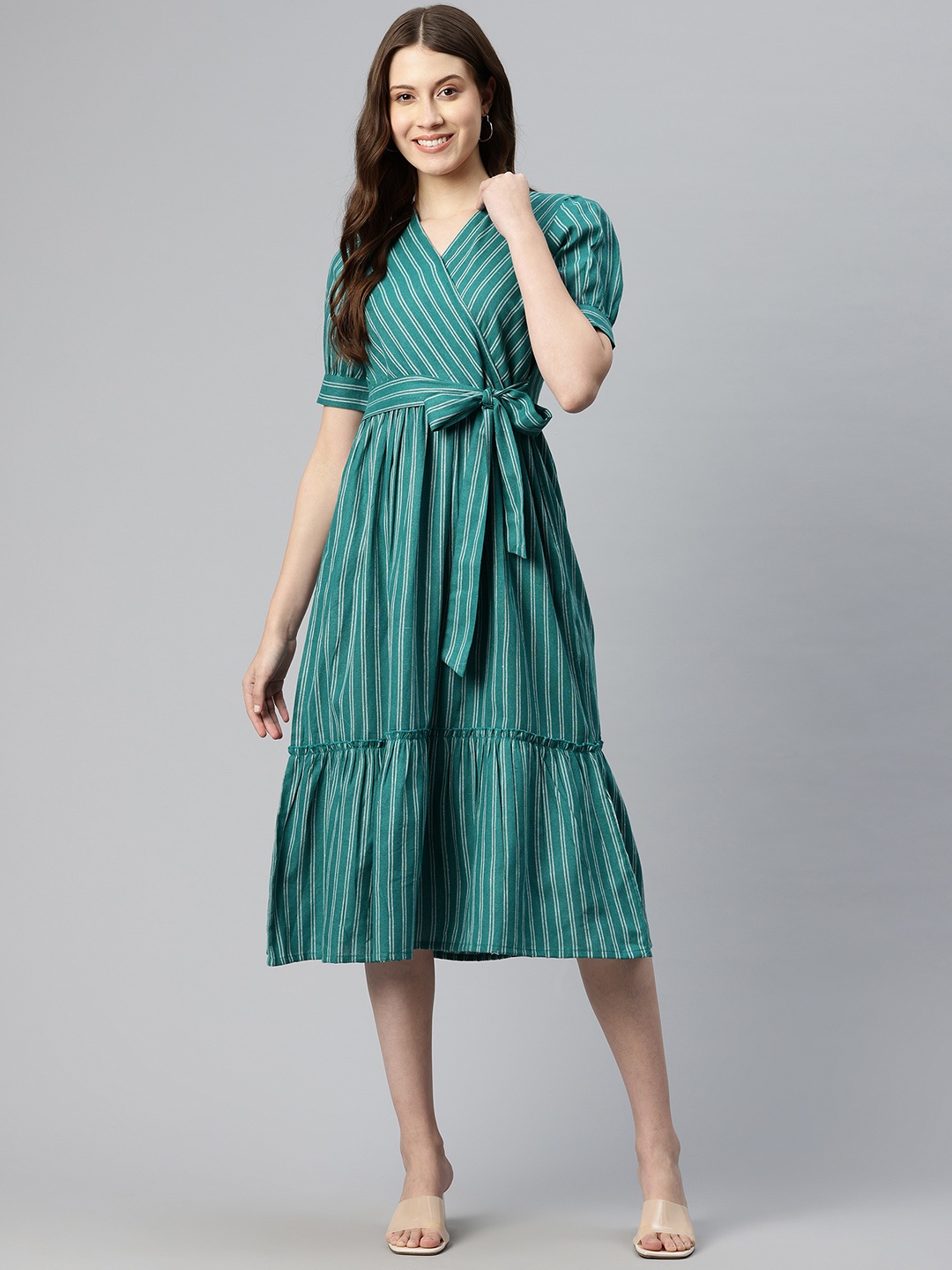 

Cottinfab Women Striped Wrap Style Cotton Fit & Flare Dress, Green