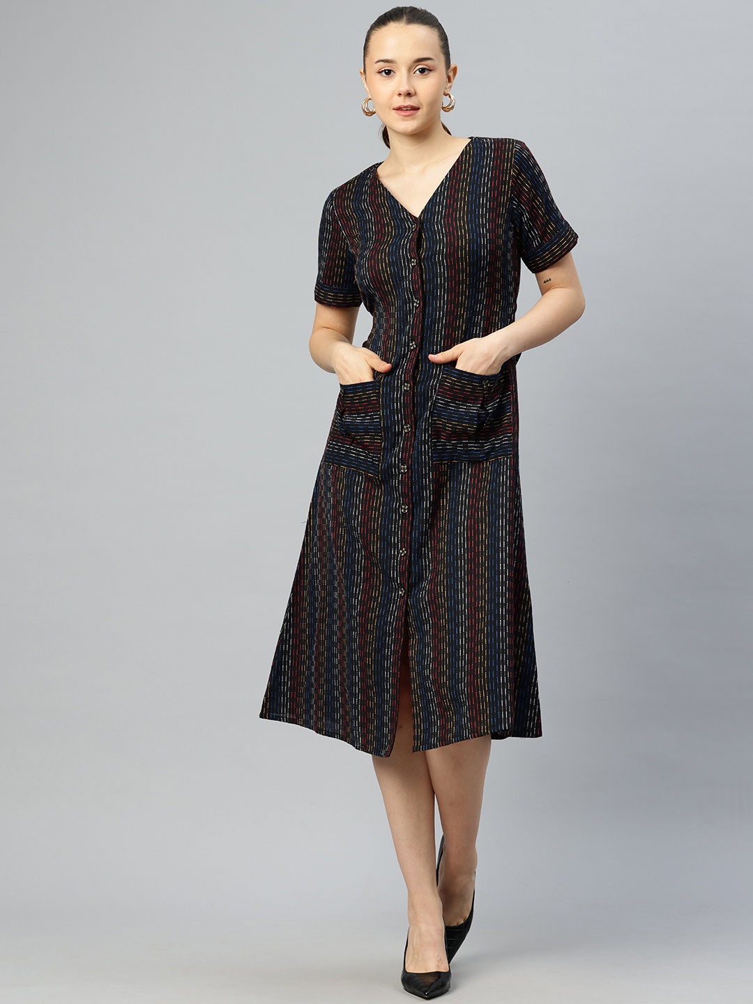 

Cottinfab Striped A-Line Midi Dress With Embroidered Detail, Black