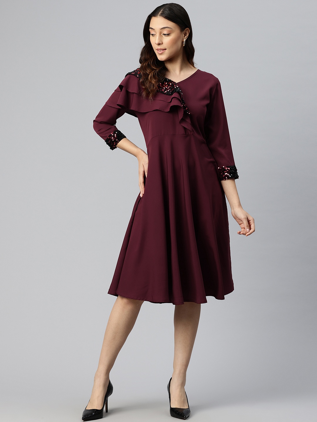 

Cottinfab Women Ruffles Embellished A Line Dress, Burgundy