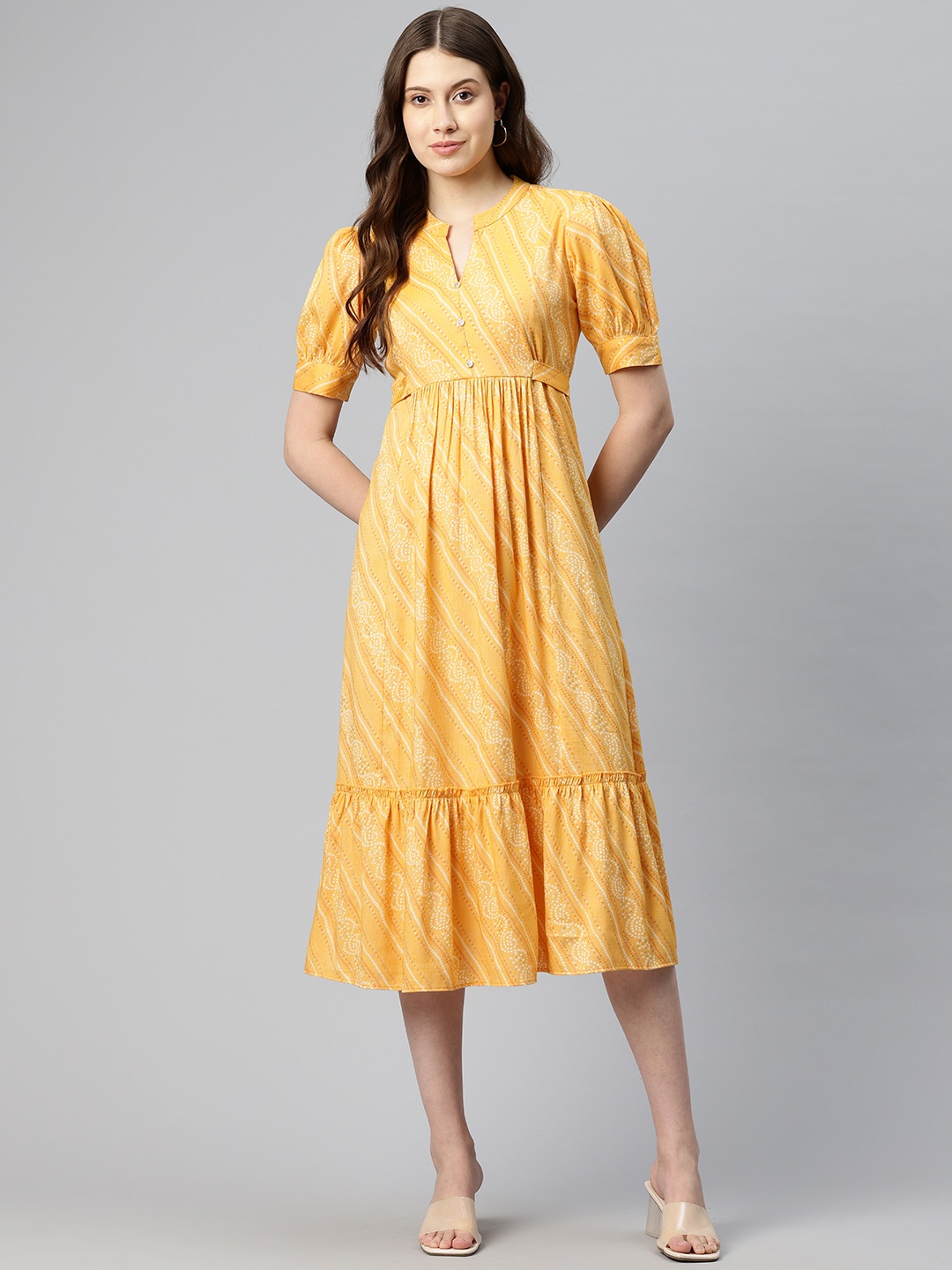 

Cottinfab Ethnic Motifs Print Puff Sleeves Fit & Flare Midi Dress, Yellow