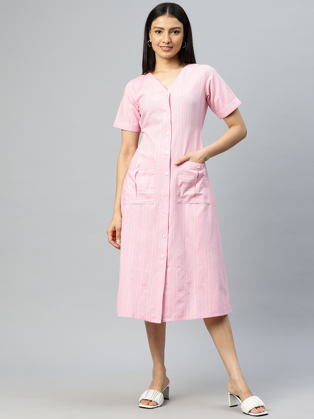 

Cottinfab Striped A-Line Midi Dress, Pink