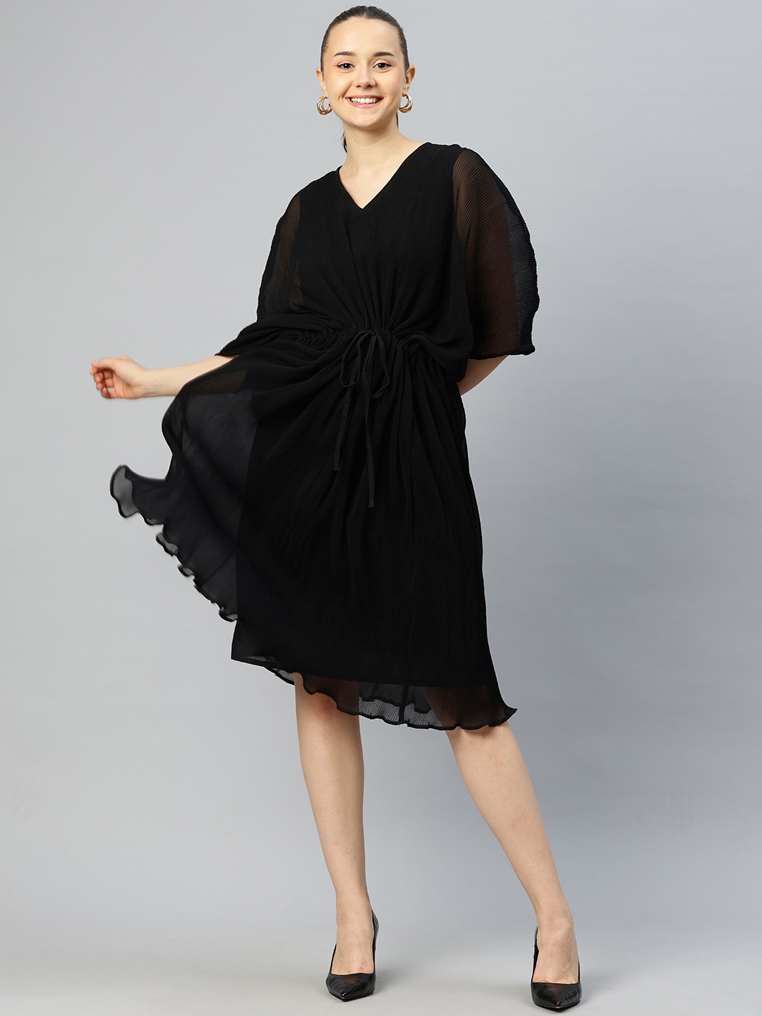 

Cottinfab Batwing Sleeves Accordion Pleated Georgette Kaftan Dress, Black