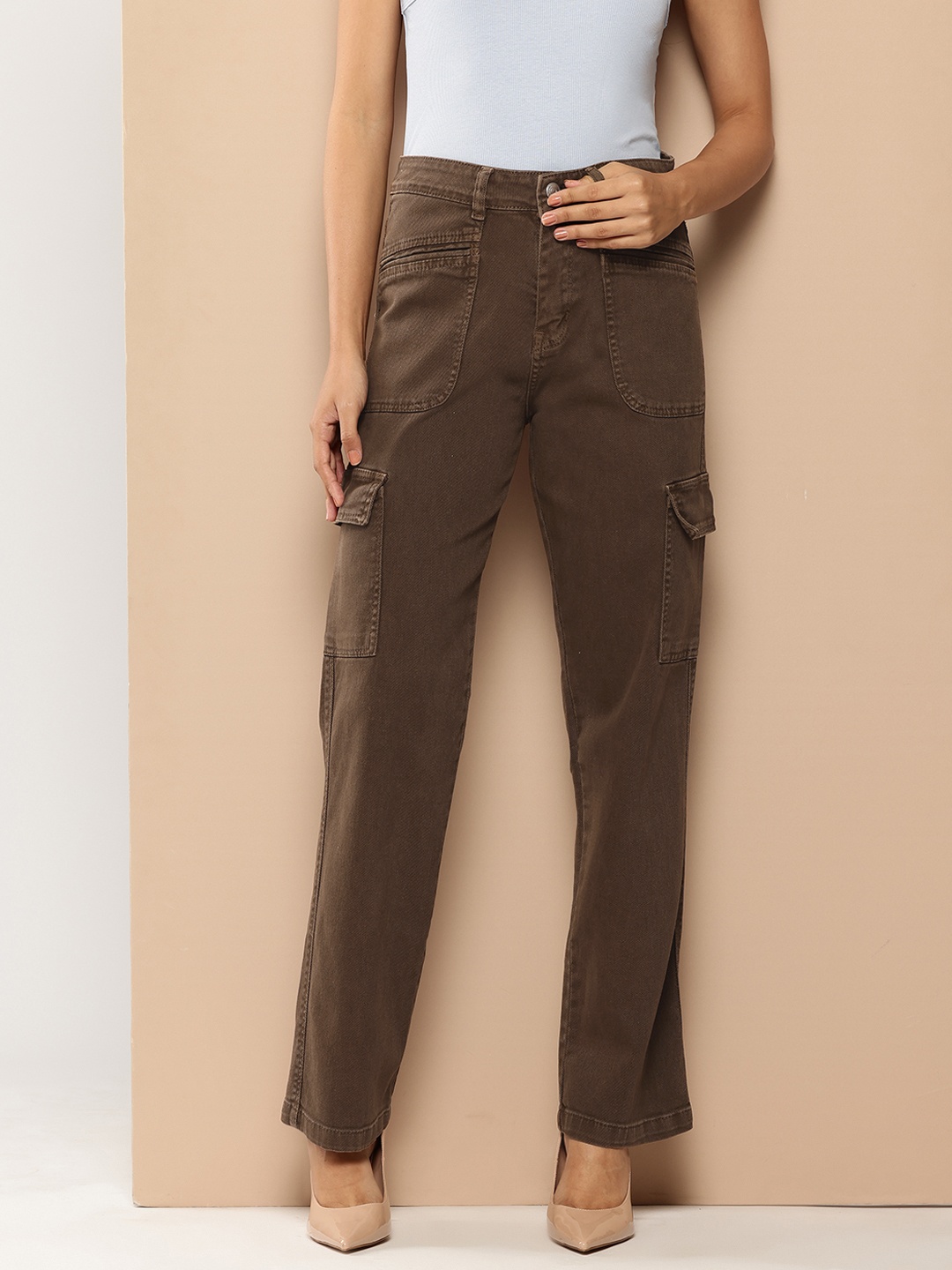 

Chemistry Straight Fit High-Rise Stretchable Cargo Jeans, Brown