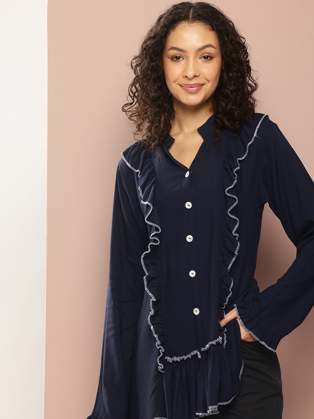 

Ironic Creation Mandarin Collar Ruffles Top, Navy blue