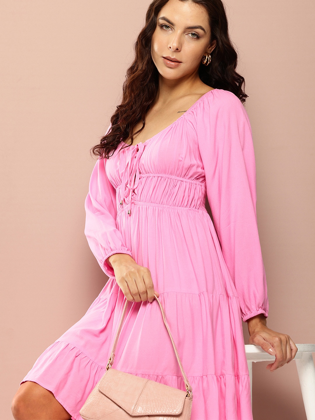

Ironic Creation Tie-Up Neck Puff Sleeves Fit & Flare Dress, Pink