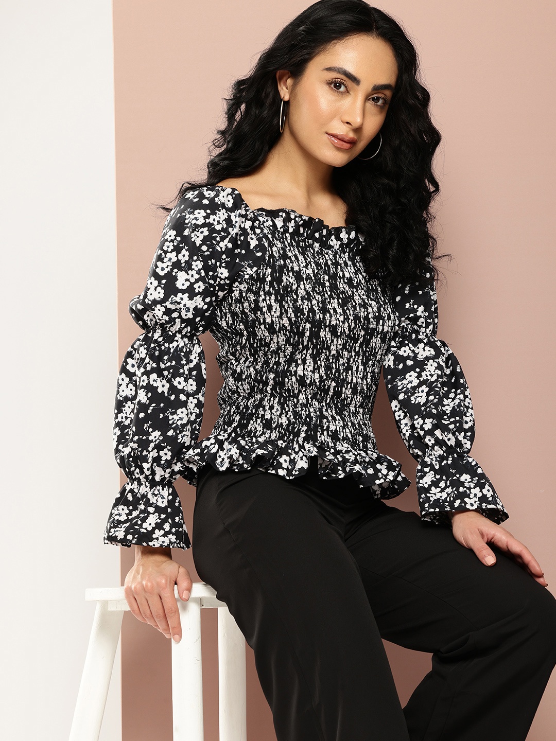 

Ironic Creation Floral Print Bell Sleeves Crepe Peplum Top, Black