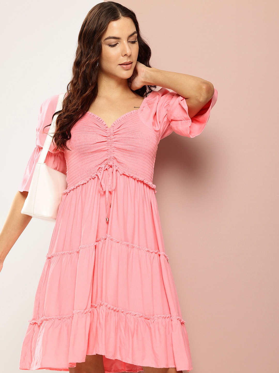 

Ironic Creation Bishop Sleeves Sweetheart Neck Smocked Fit & Flare Dress, Pink