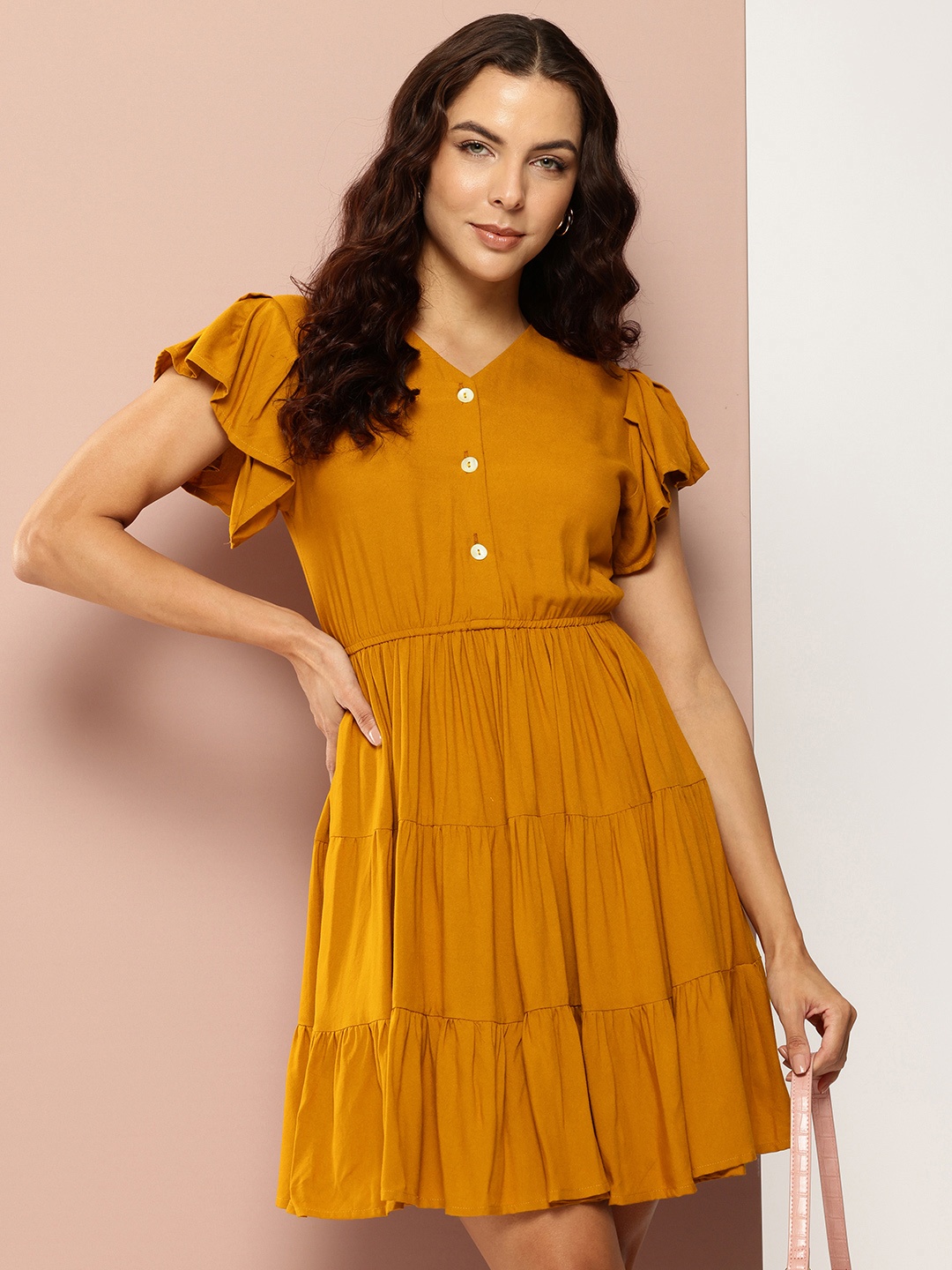 

Ironic Creation Flutter Sleeves A-Line Dress, Mustard