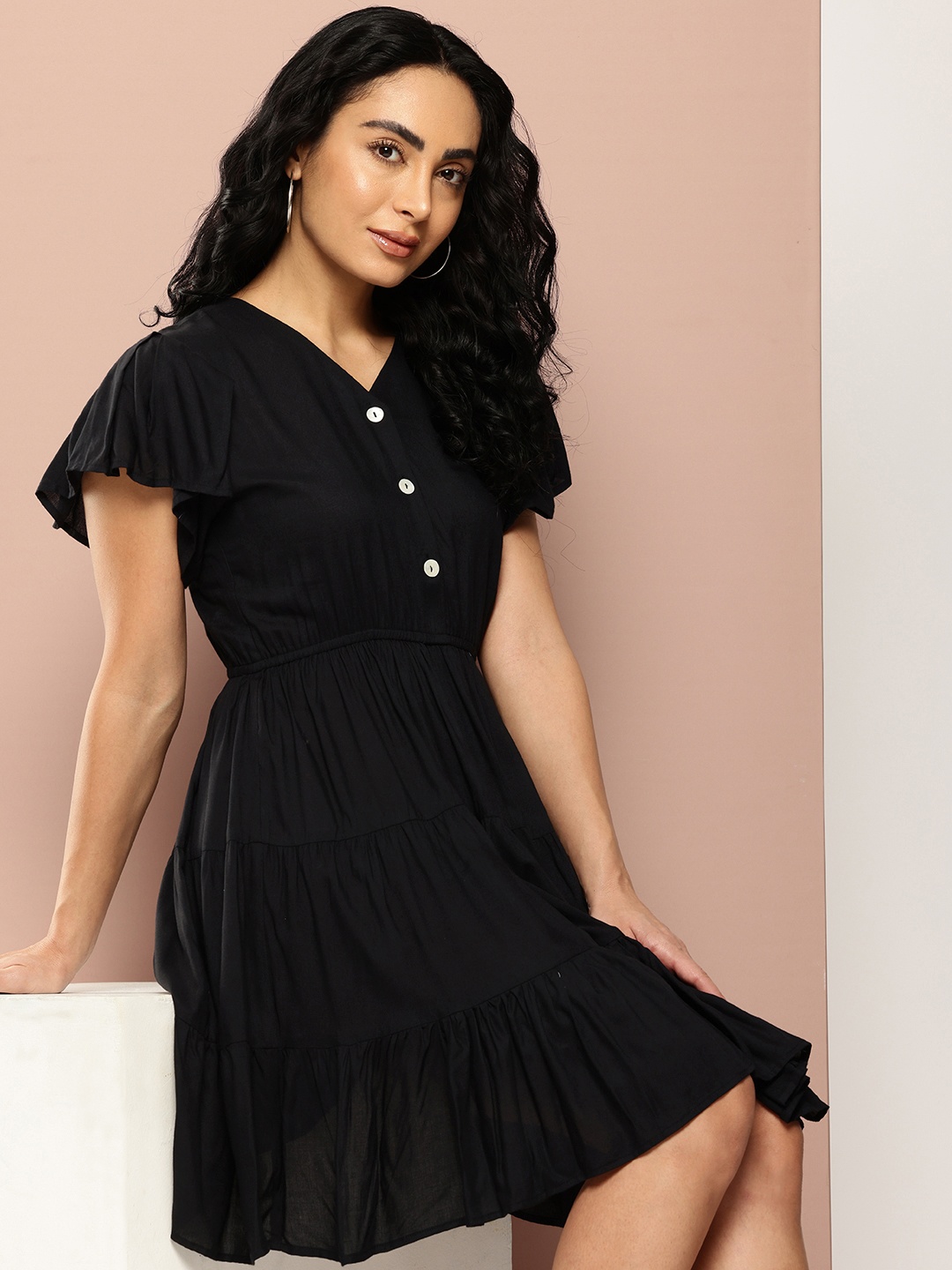 

Ironic Creation Flared Sleeves A-Line Dress, Black