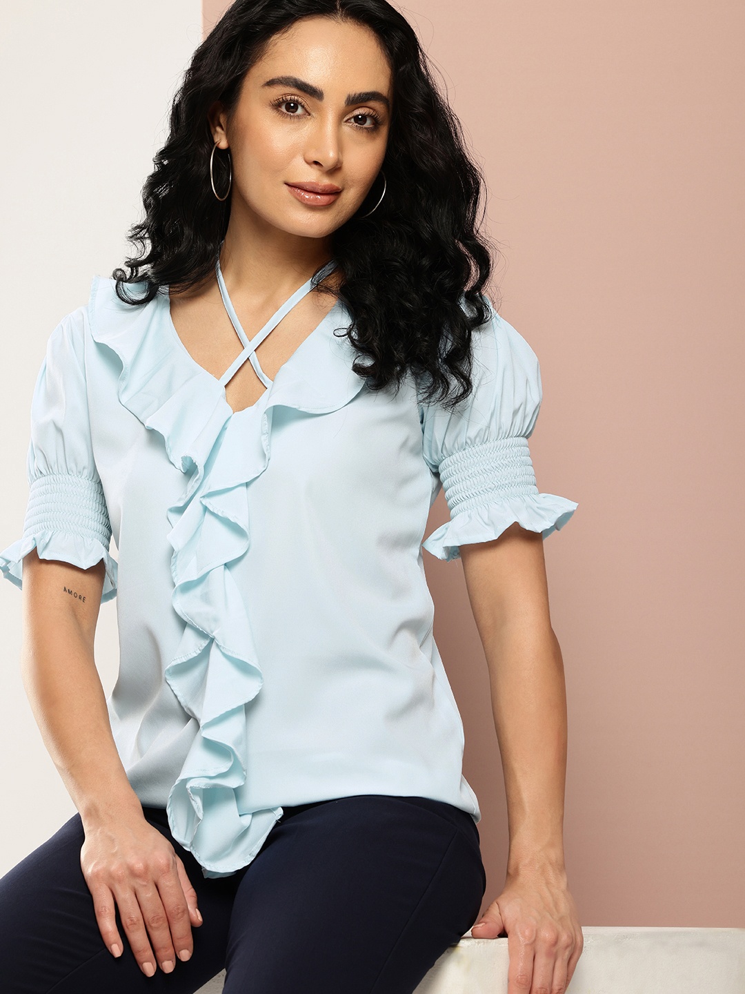 

Ironic Creation Puff Sleeves Ruffles Smocked Top, Blue