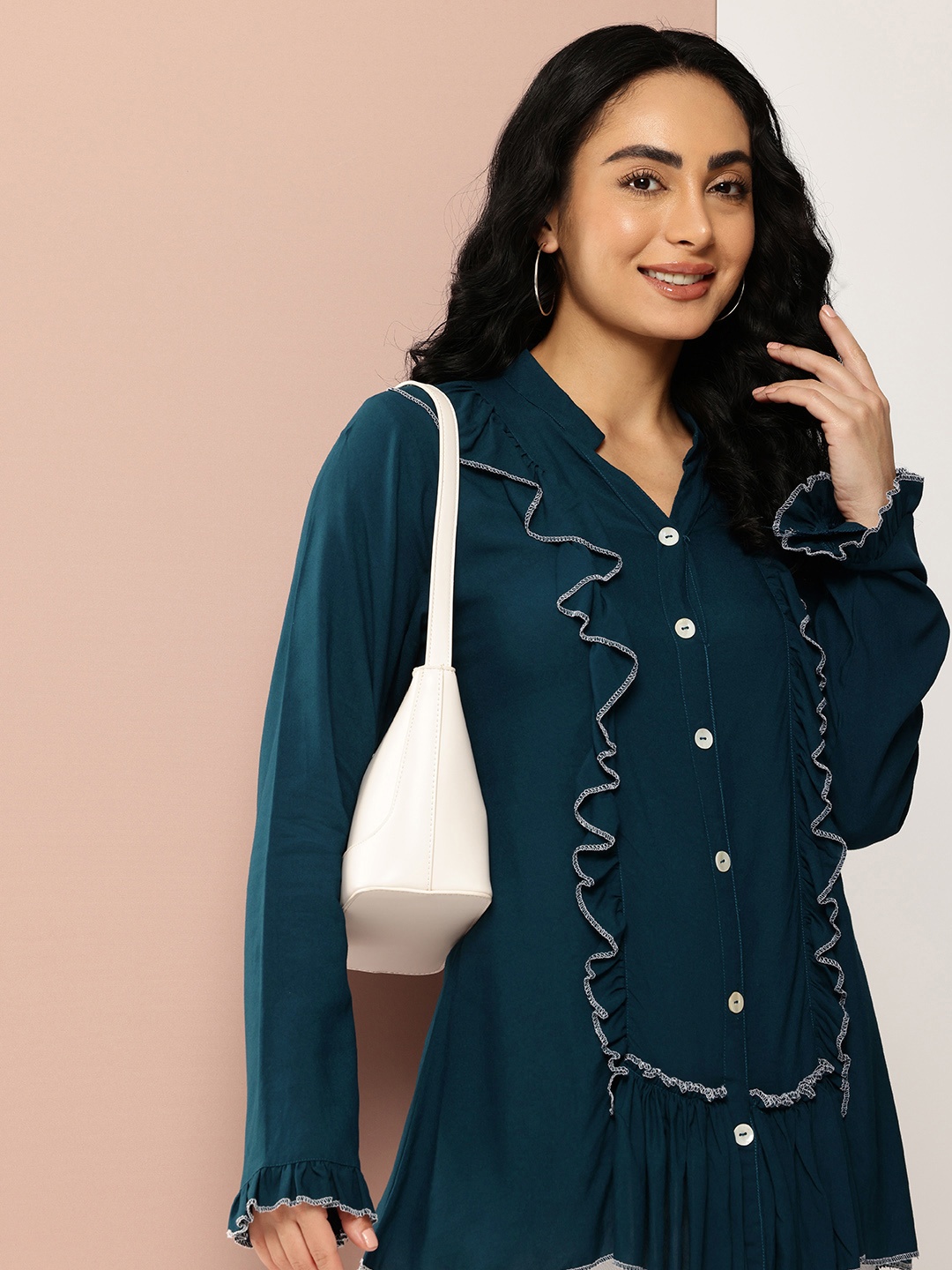 

Ironic Creation Mandarin Collar Ruffles Shirt Style Top, Teal