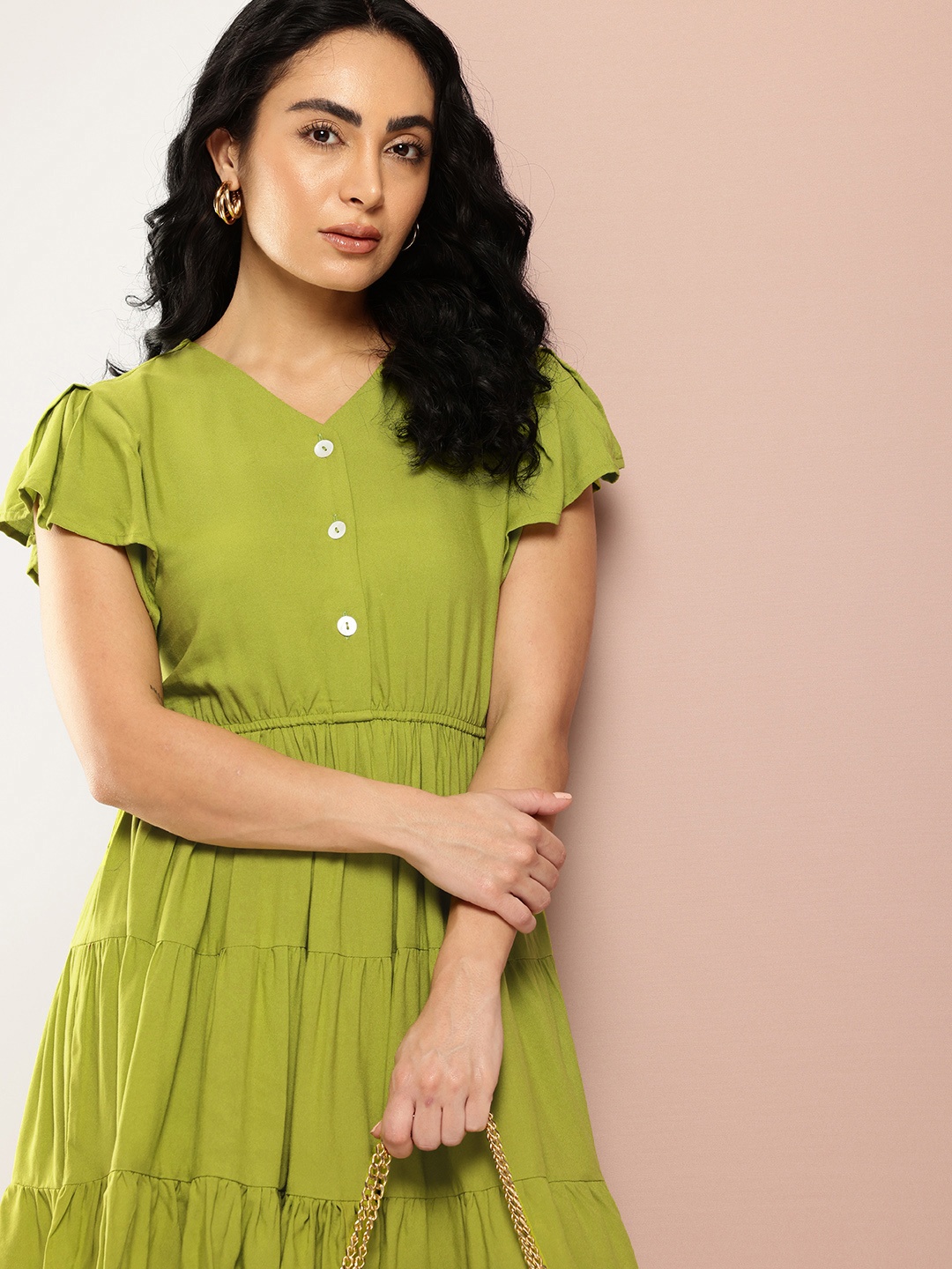 

Ironic Creation Flutter Sleeves Tiered A-Line Dress, Lime green