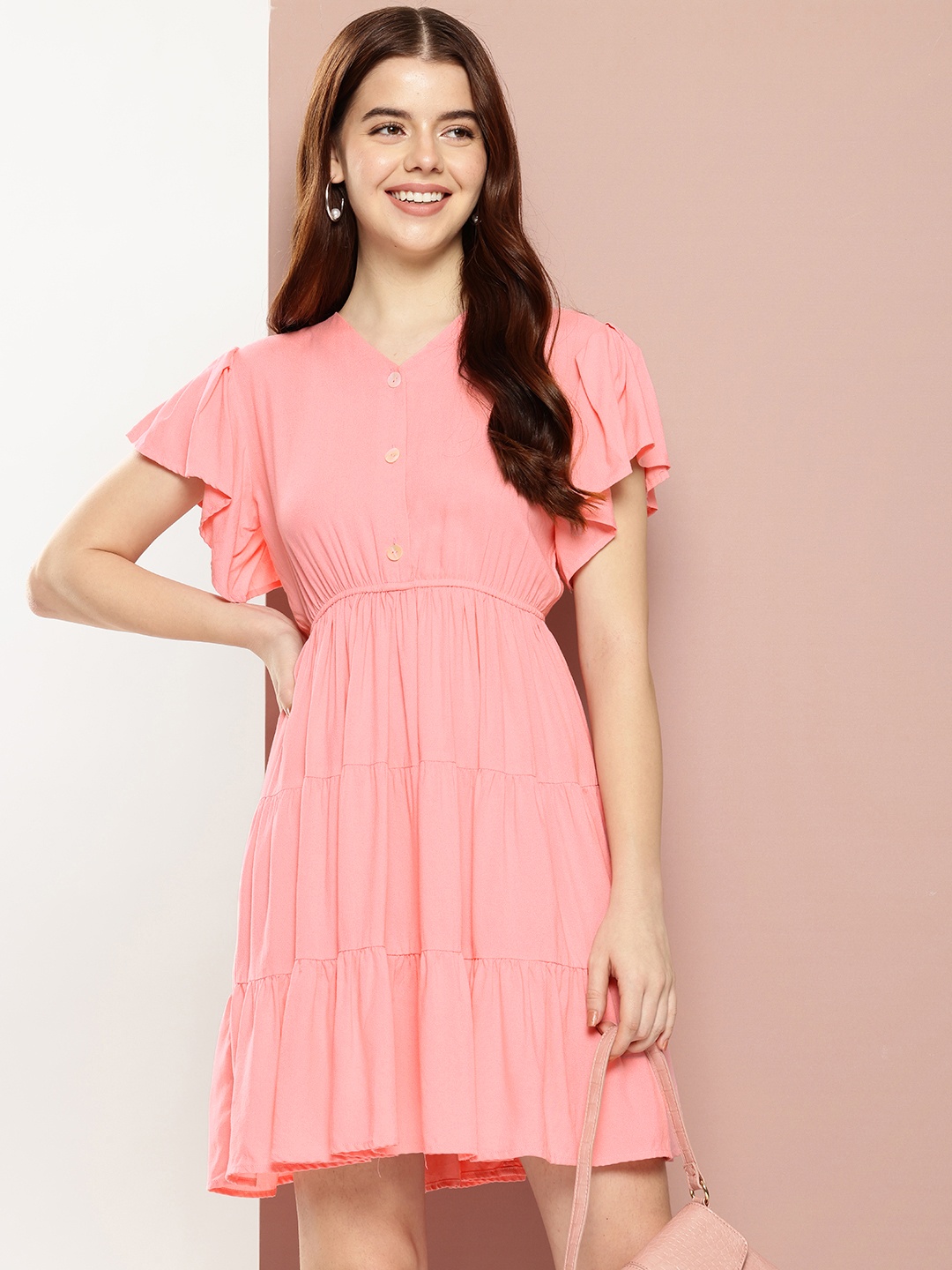

Ironic Creation Flutter Sleeves A-Line Dress, Pink