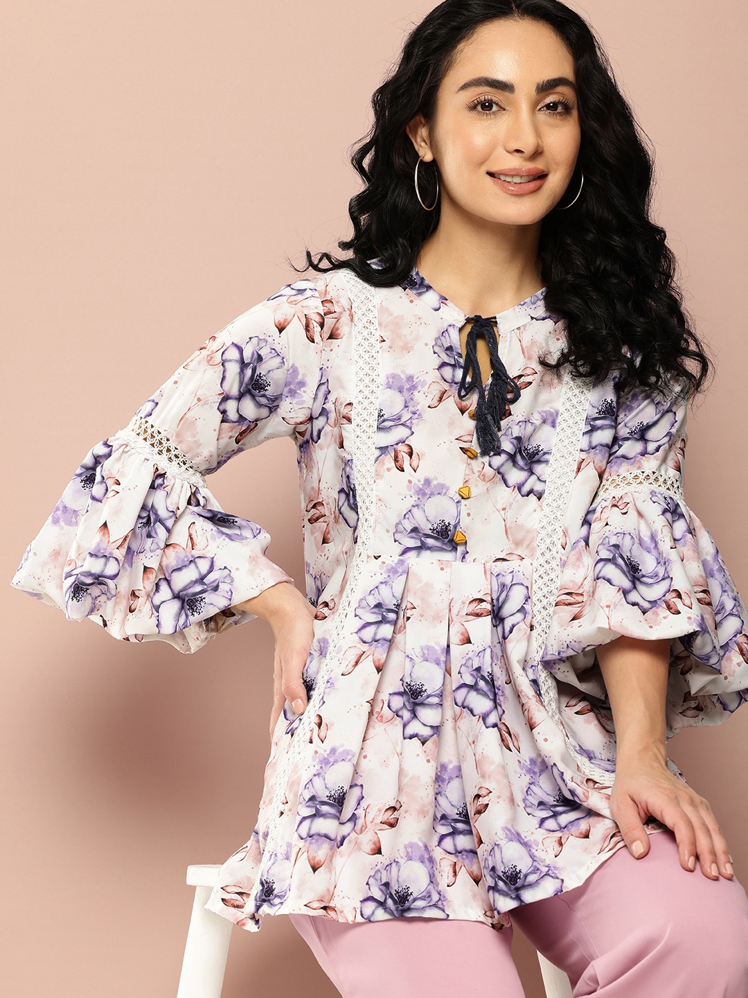 

Ironic Creation Floral Print Tie-Up Neck Bell Sleeves Peplum Longline Top, White