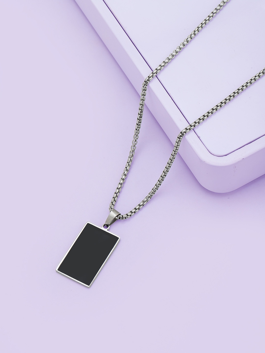 

Carlton London Men Silver Plated Stainless Steel Enamel Pendant With Chain