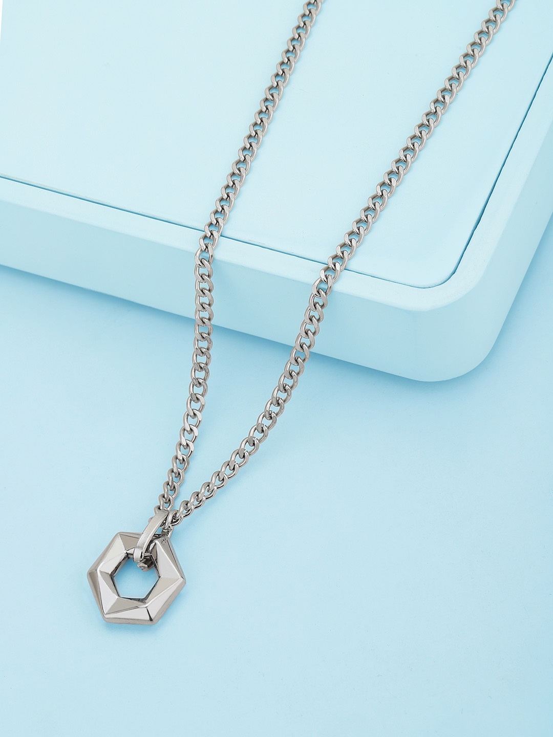 

Carlton London Men Silver Plated Stainless Steel Contemporary Pendant With Chain