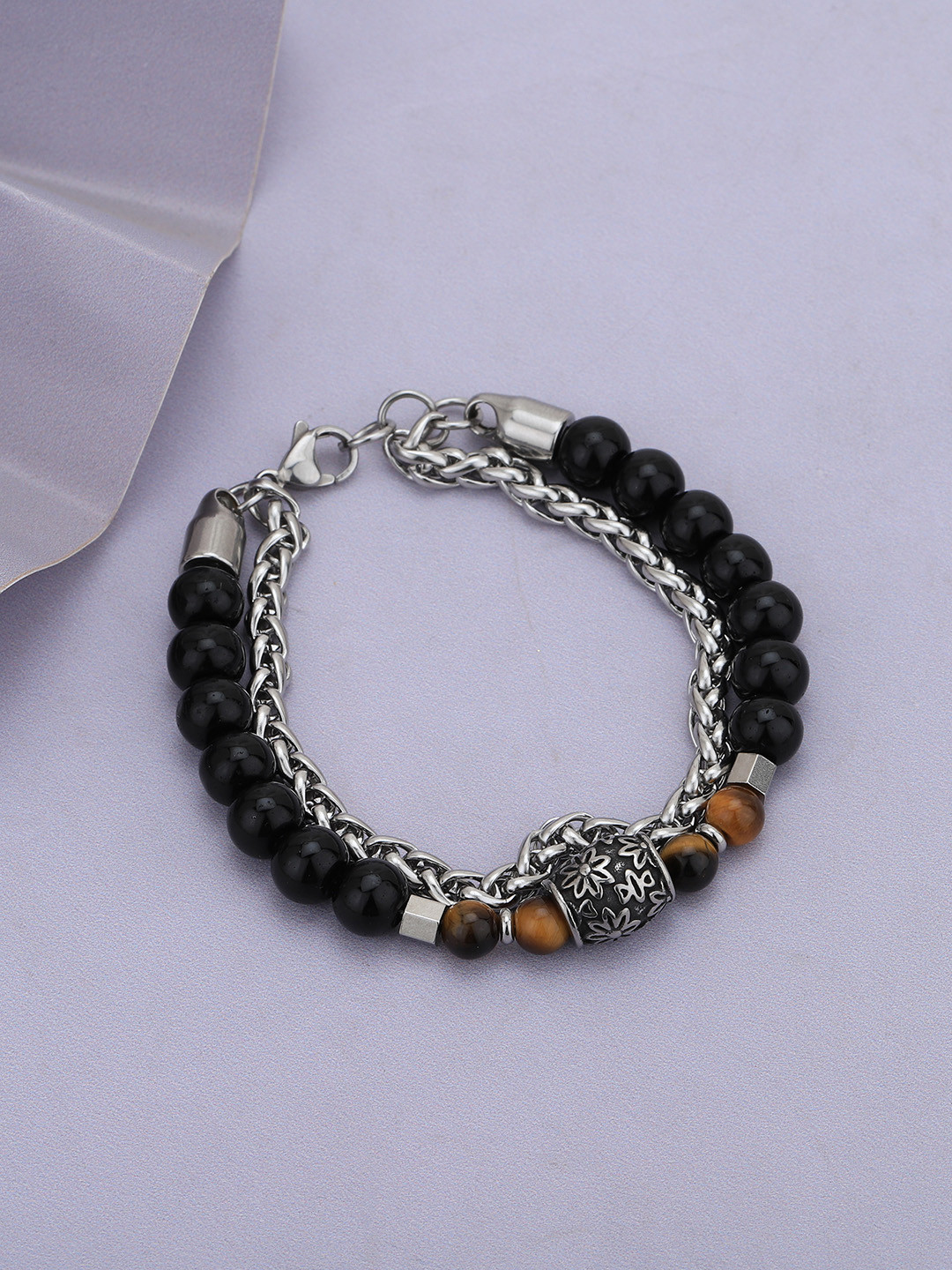 

Carlton London Men Silver Plated Stainless Steel Beads Double Chain Link Bracelet