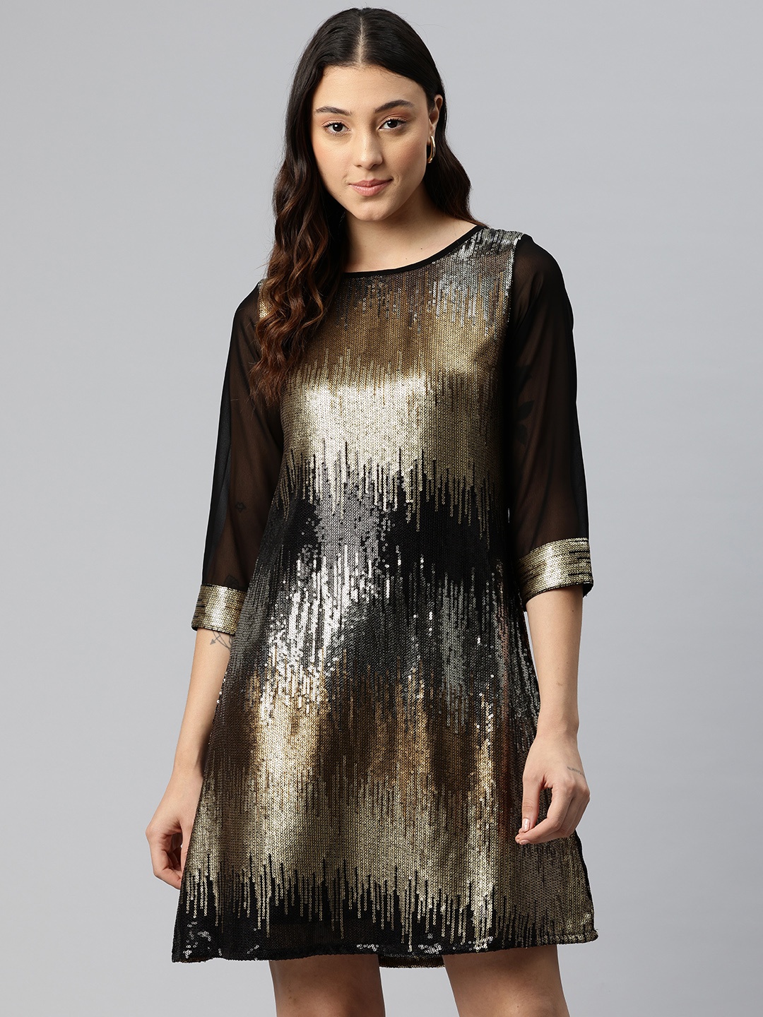 

Cottinfab Sequinned Embellished A-Line Dress, Black