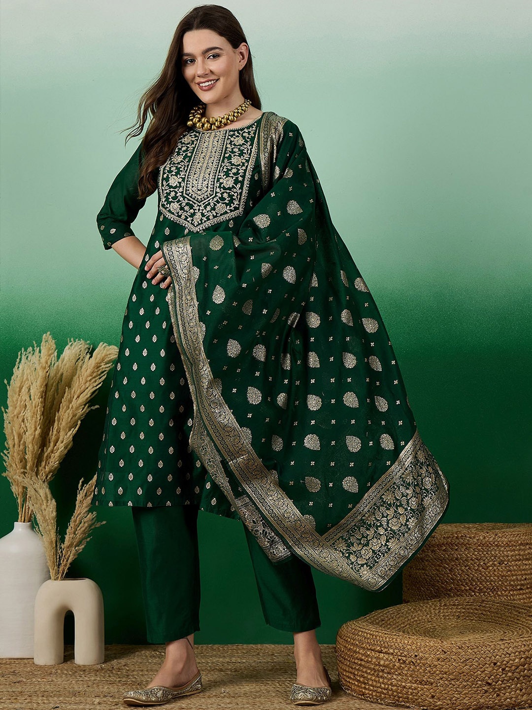 

SERONA FABRICS Floral Woven Design Chanderi Silk Straight Kurta With Trousers & Dupatta, Green