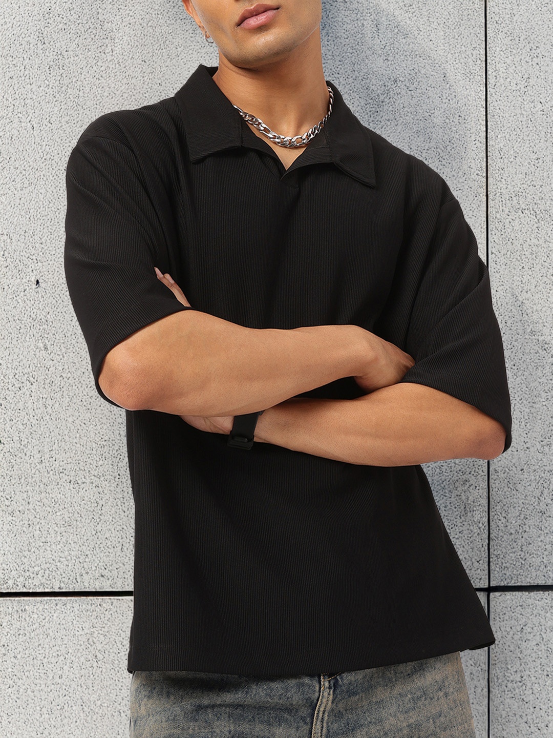 

Kook N Keech Core Comfort Polo Collar Oversized T-shirt, Black