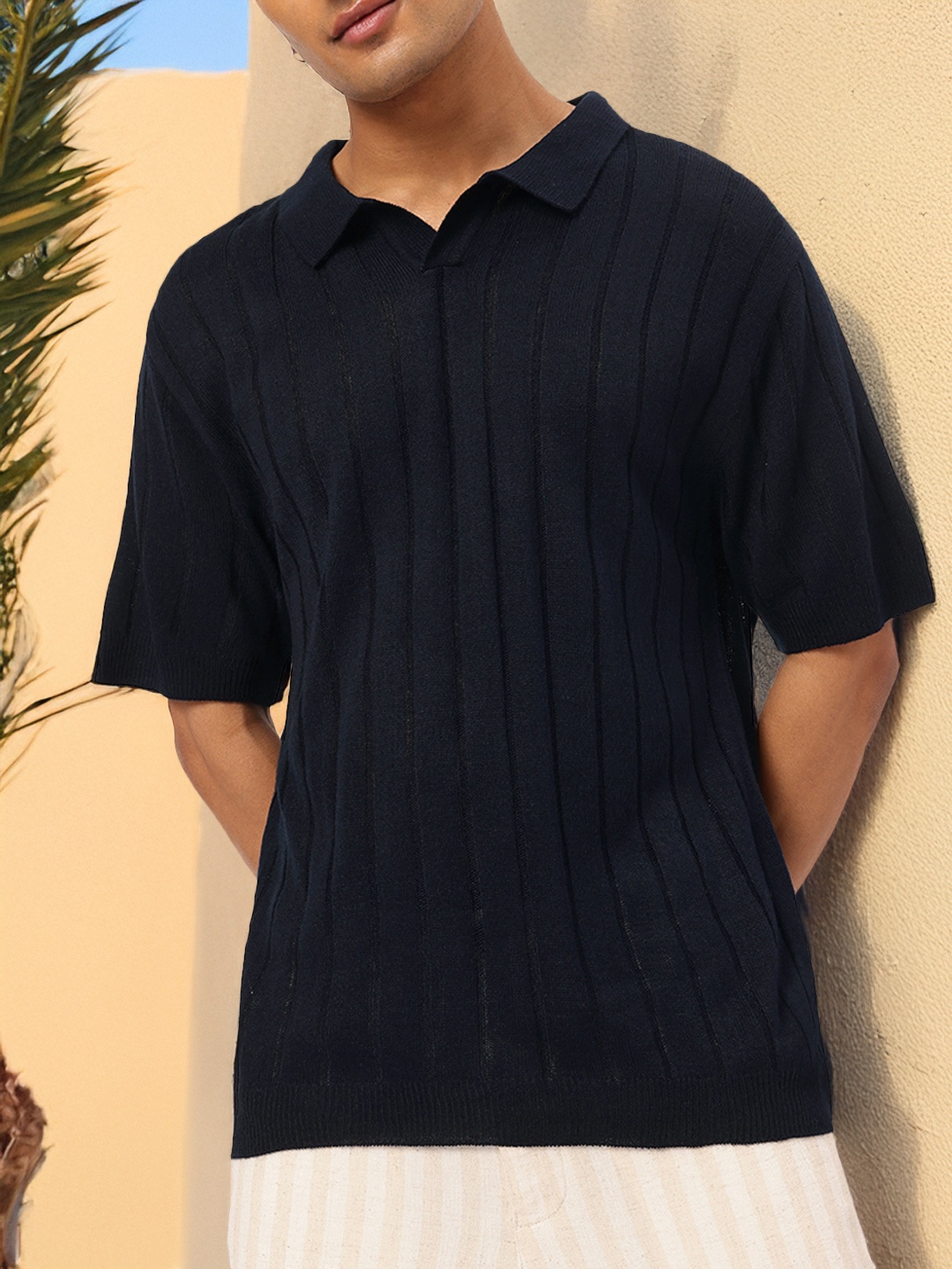 

Kook N Keech Ribbed Magic Pure Acrylic Polo T-shirt, Navy blue