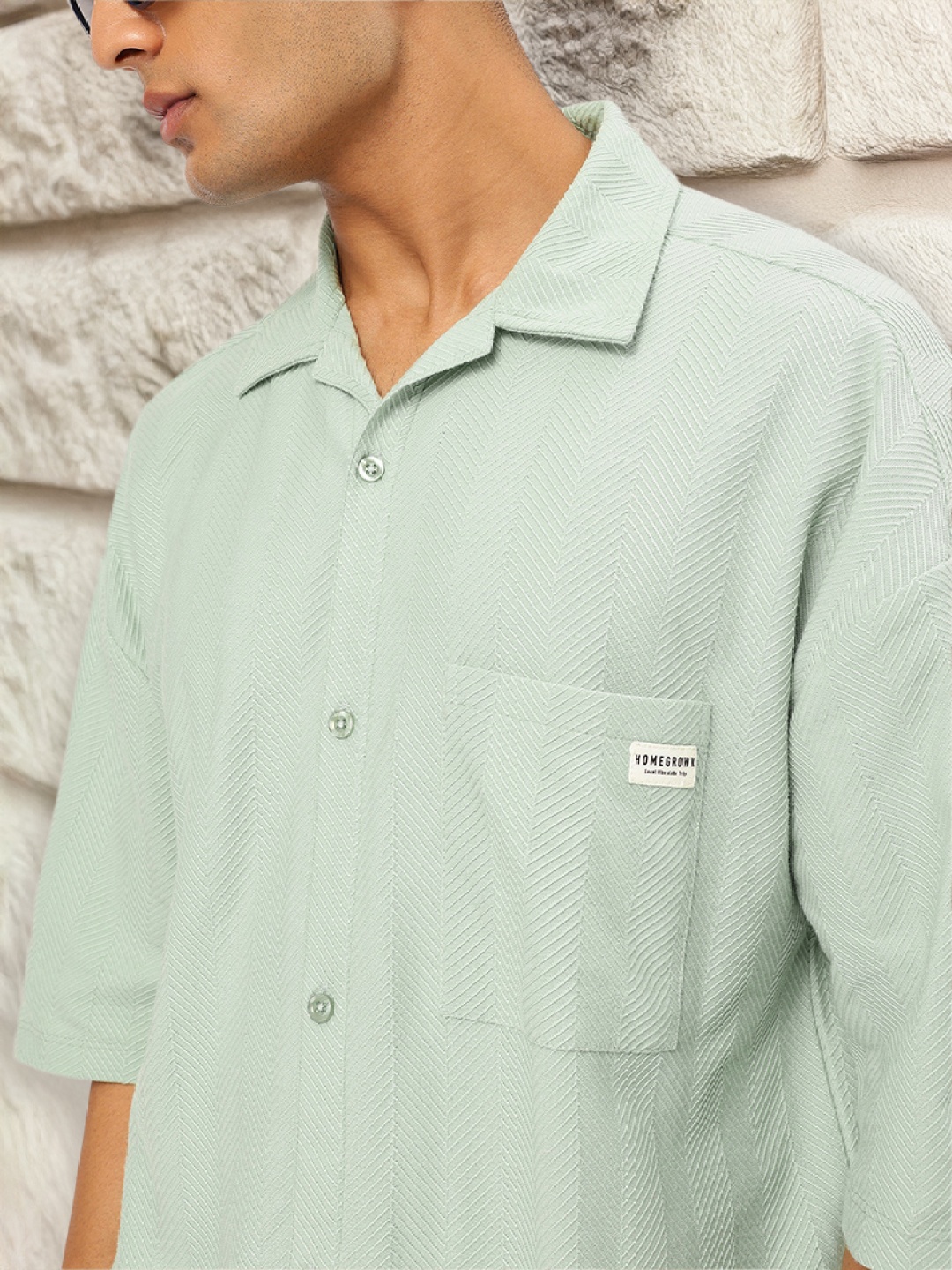 

Kook N Keech Knit & Stitch Textured Camp Collar Shirt, Green