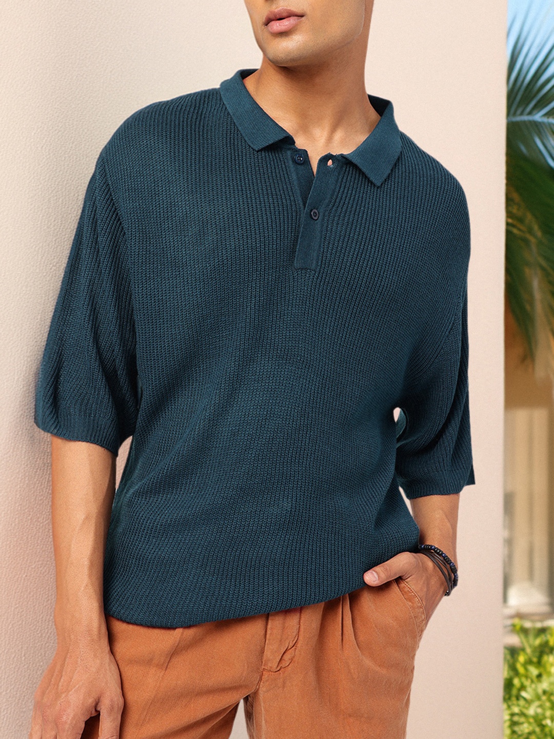 

Kook N Keech Resort Basics Rib Knit Polo Oversized T-shirt, Teal