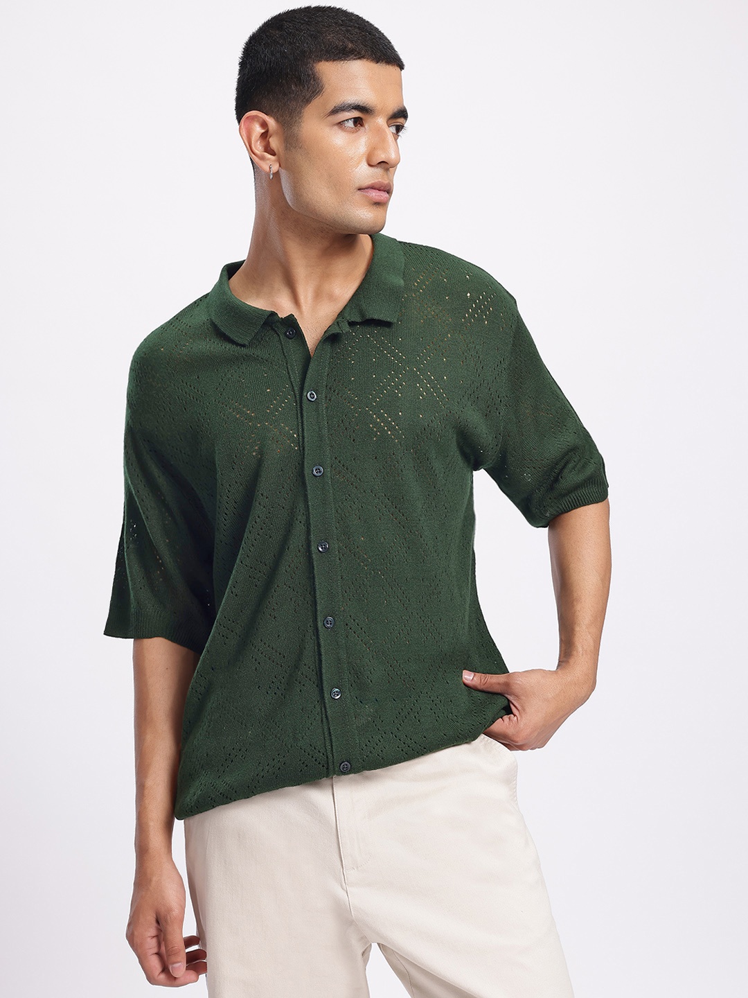 

Kook N Keech Breezy Open Knit Drop-Shoulder Relaxed Shirt, Green
