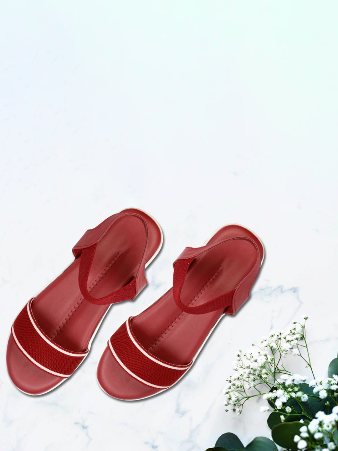 

sneakers villa Women Textured Open Toe Flats, Red